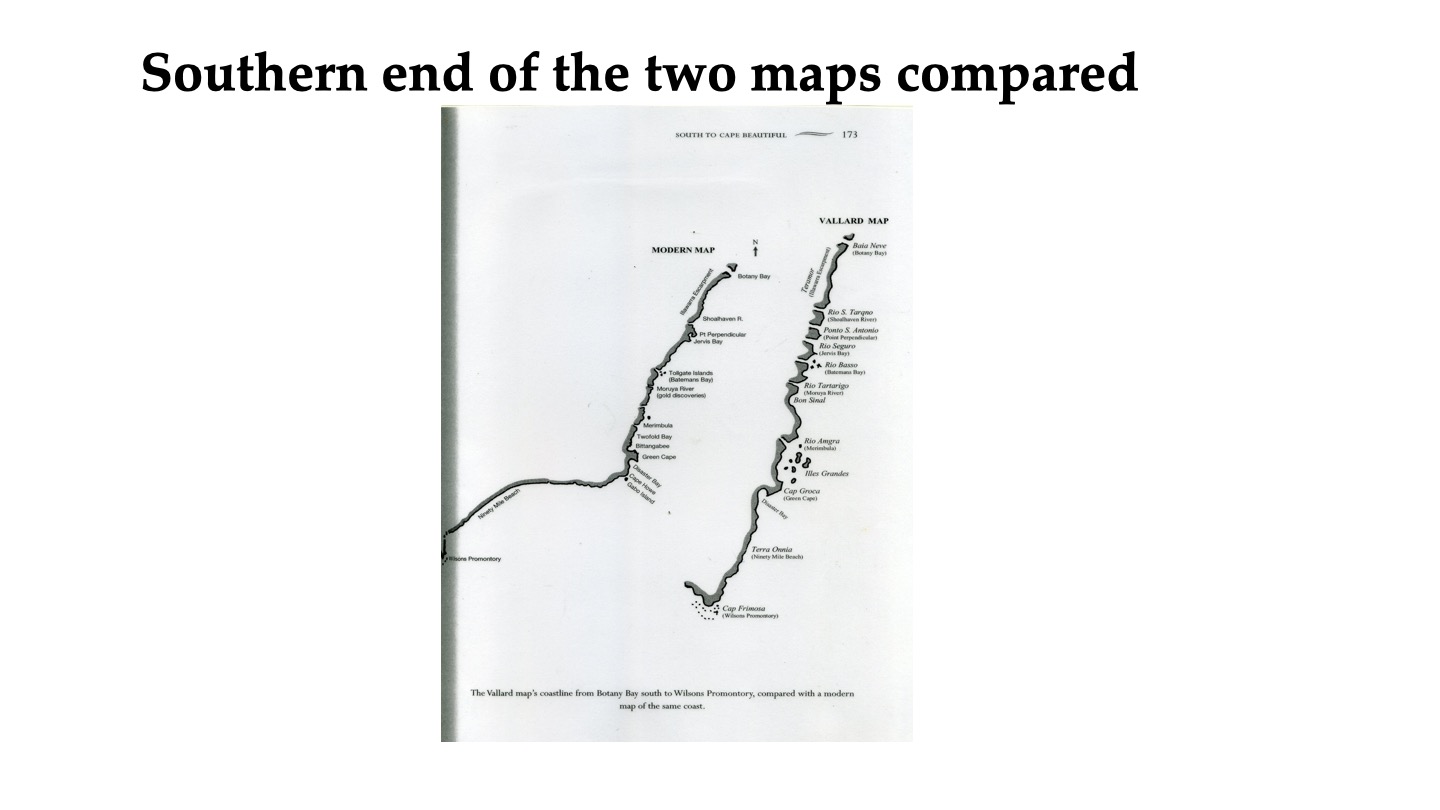 Comparison Portuguese and modern map Australia's East Coast (south)